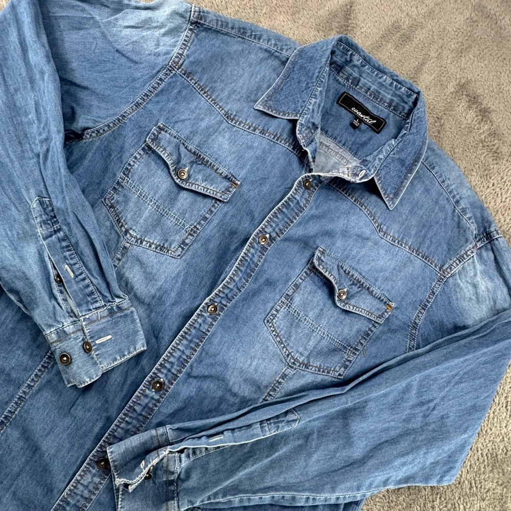 Coastal Denim Button‎ Down Shirt Women Large Blue Excellent Western Cotton L/S